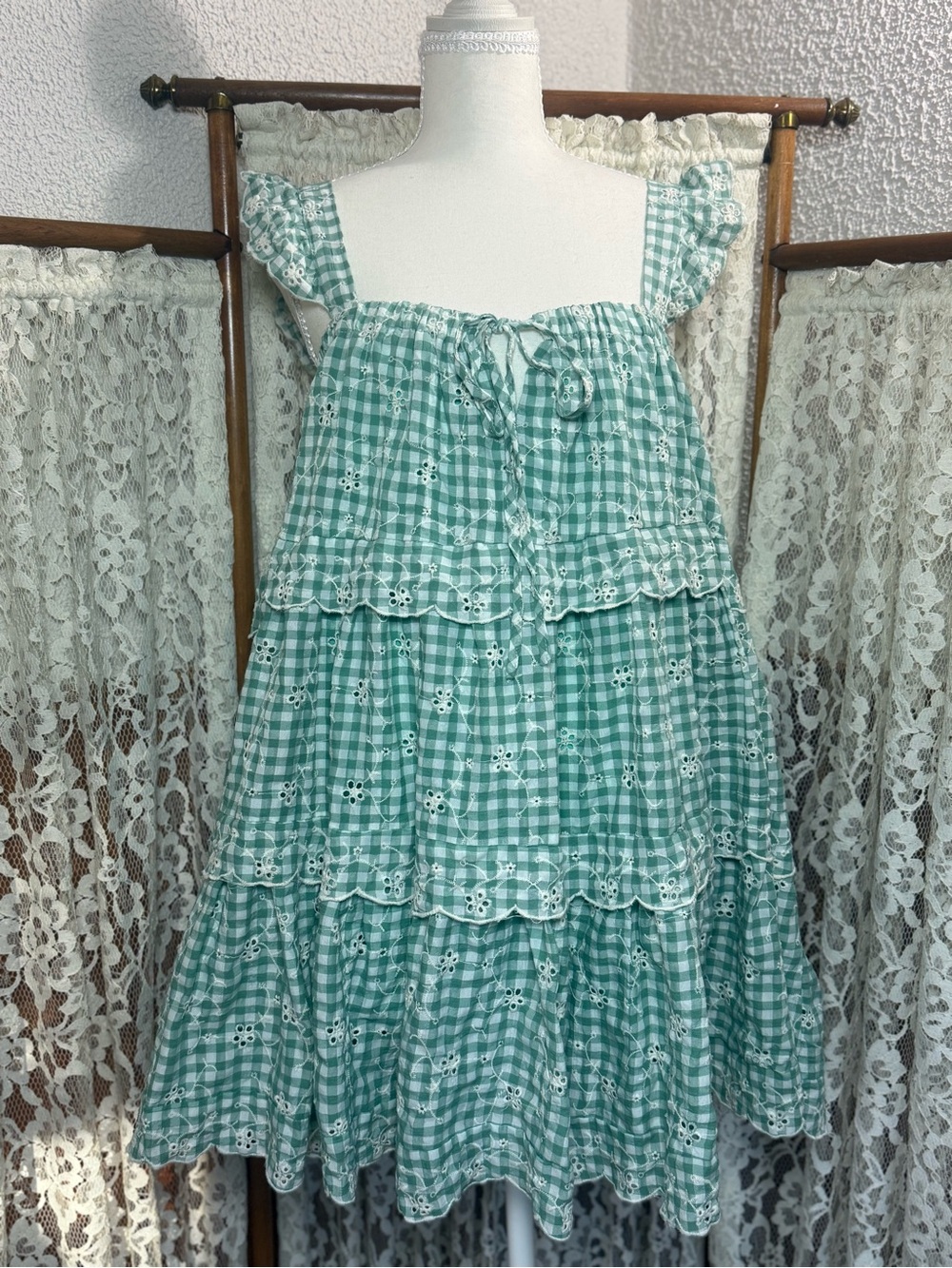 Altar'd State Cotton Green Gingham Babydoll Tiered Sundress